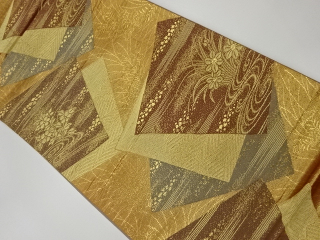 リサイクル　重ね色紙に草花・流水模様織出し袋帯